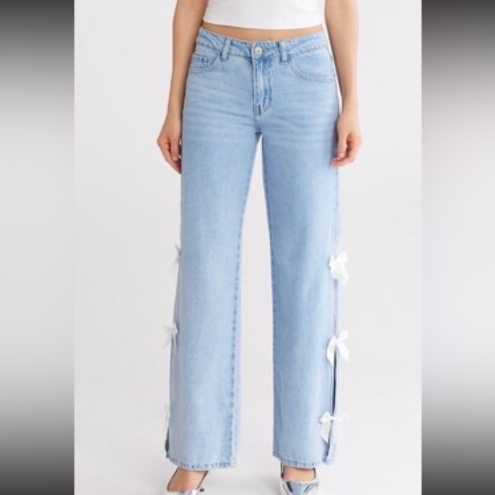 🆕 Flying Angel Stylish Light Blue Wide Leg Jeans with Bow Accents
